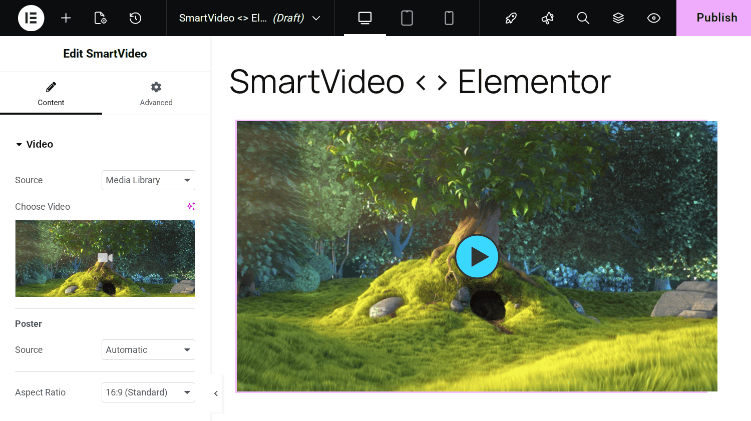 SmartVideo widget inside the Elementor page builder showing embed settings