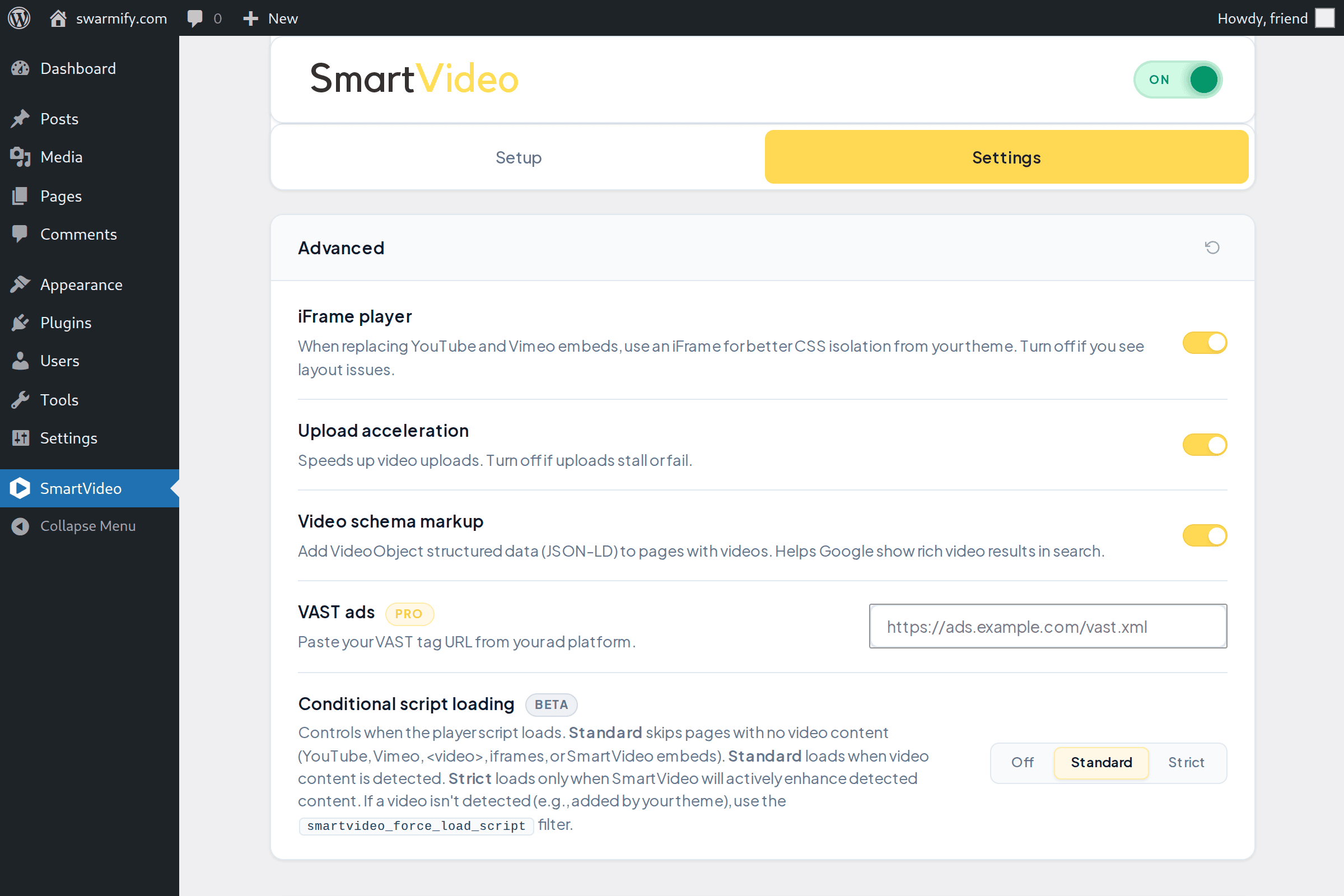 SmartVideo advanced settings dashboard in WordPress showing options for upload acceleration and video schema