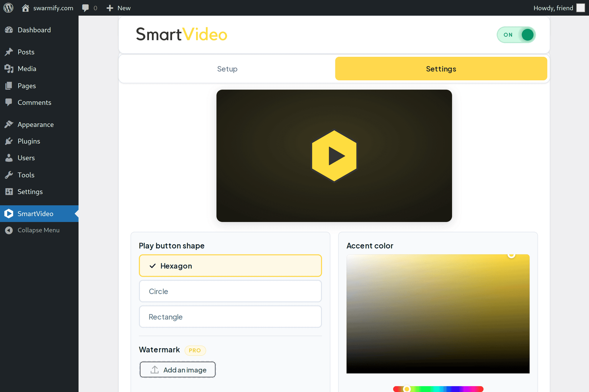 SmartVideo player appearance settings with play button shape selector and accent color picker