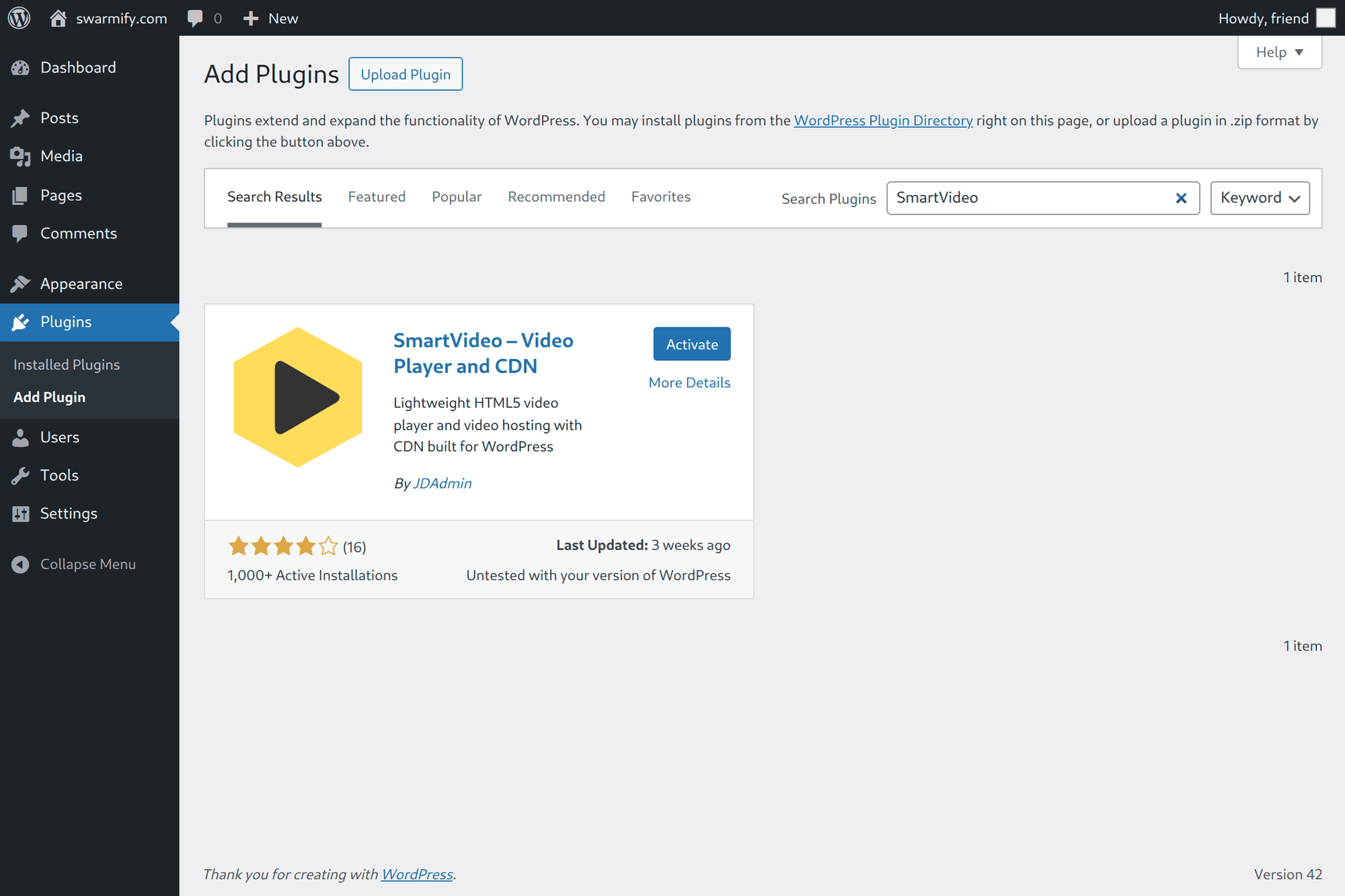 SmartVideo plugin in WordPress Add Plugins search results with Activate button
