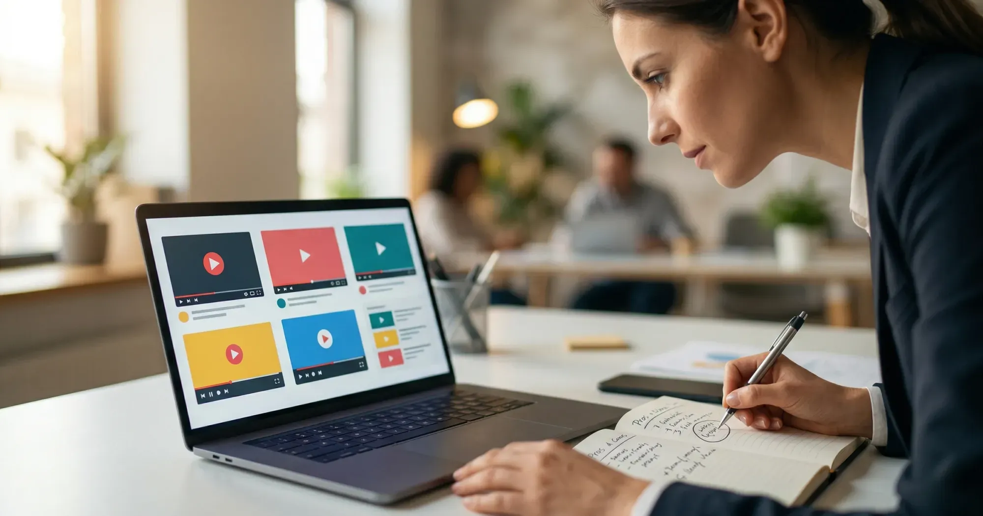 A content strategist evaluating video platform options on a laptop with comparison notes