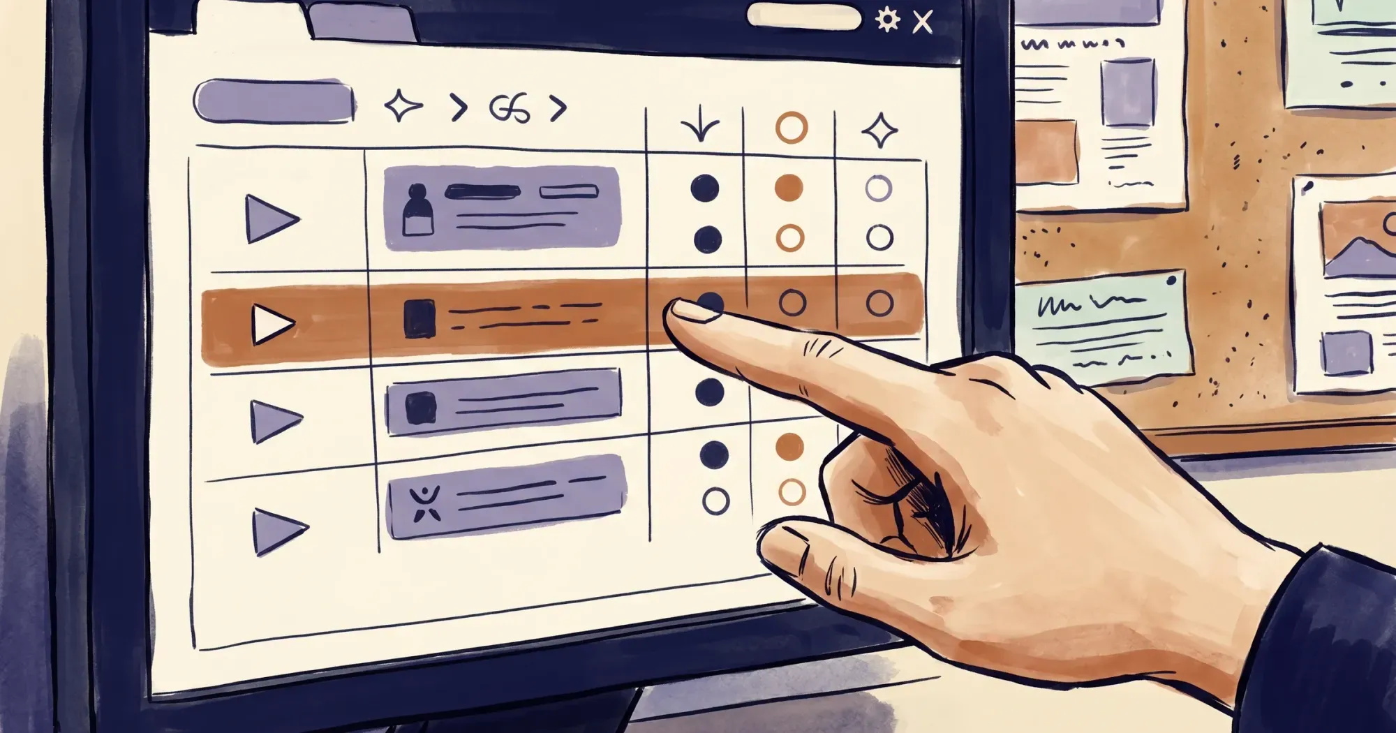 A single hand pointing at one row of a comparison grid on a monitor with platform tiles and status indicator rings