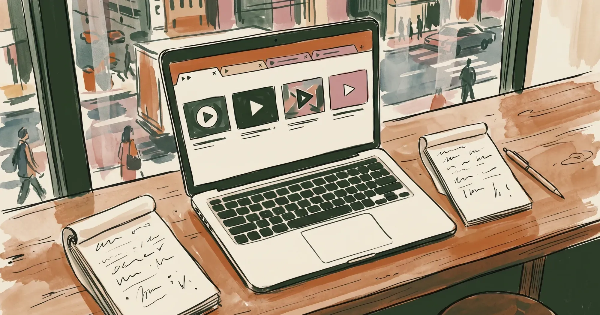 Overhead view of a laptop with five browser tabs open showing different play-button thumbnails, with a paper notepad alongside