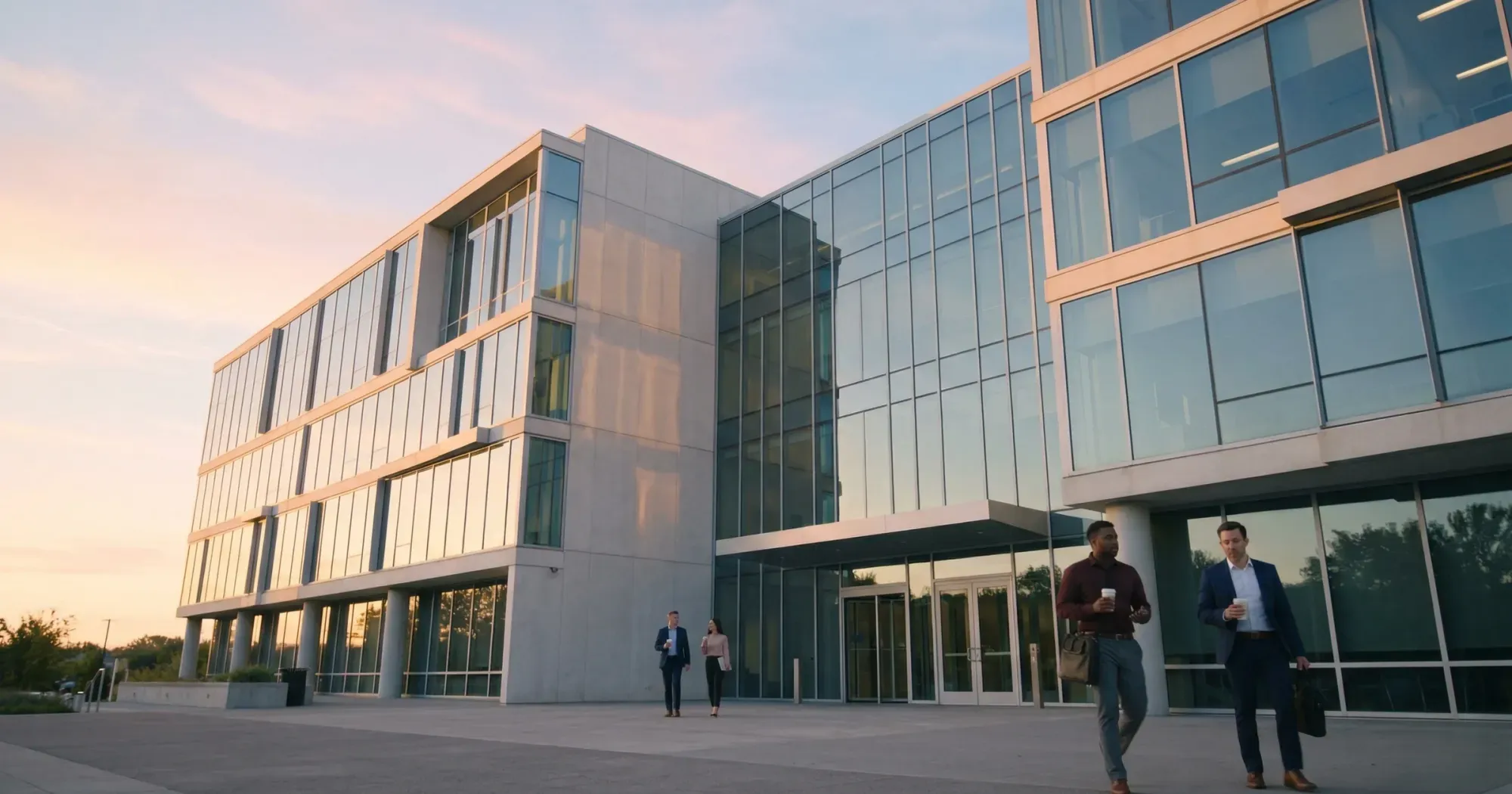 A cinematic wide establishing shot of a modern corporate office building at sunrise with employees arriving at the entrance