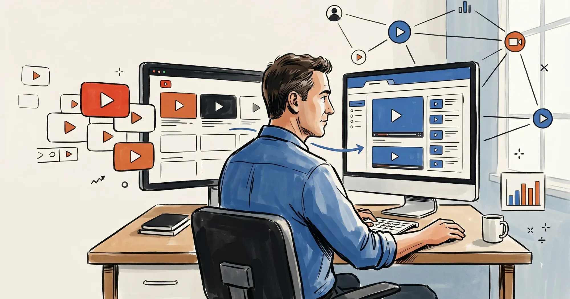 Business owner glancing between two monitors as YouTube play tiles drift off one and anchor on a website tab on the other