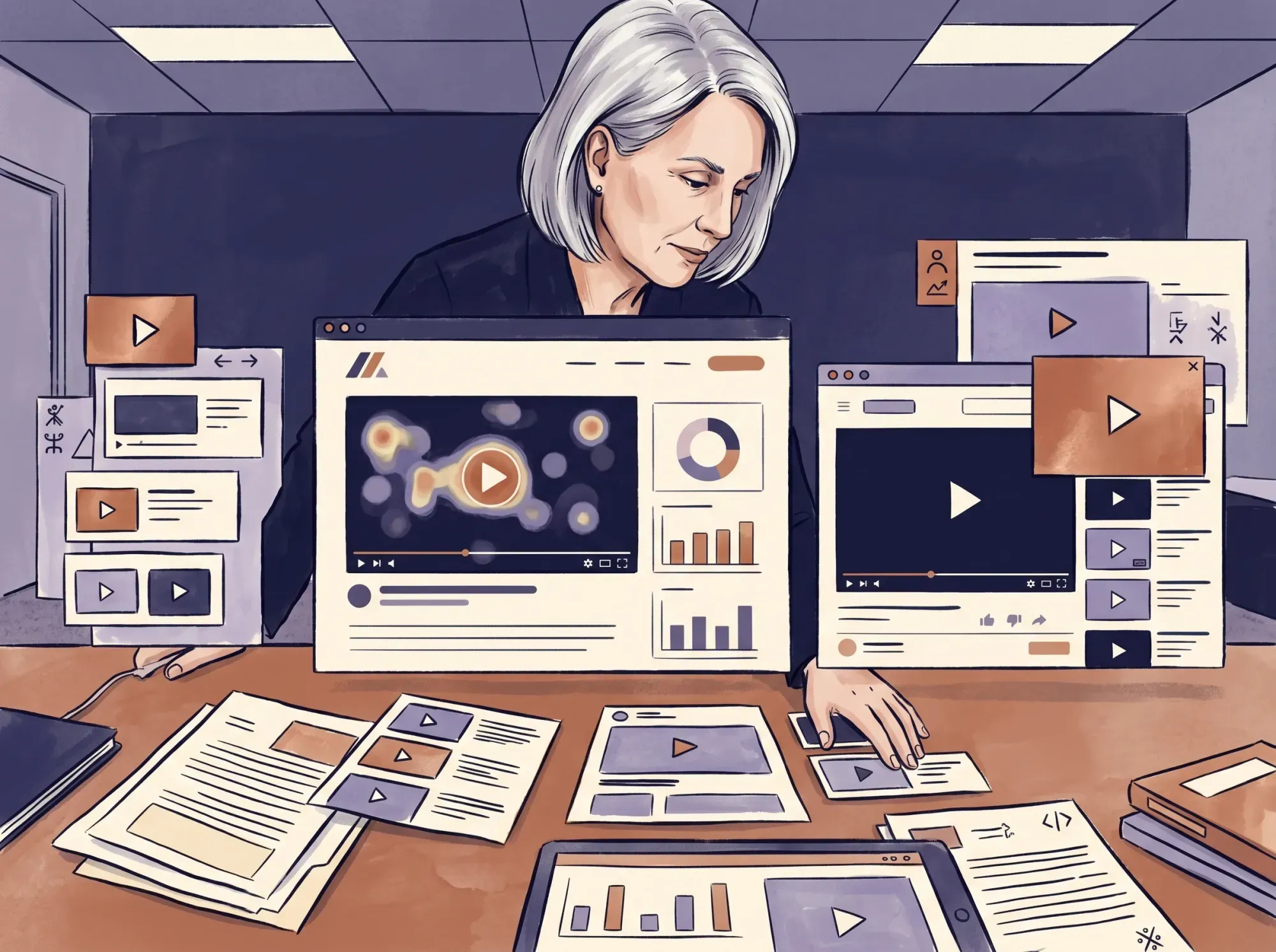 Person analyzing video engagement metrics on a computer screen