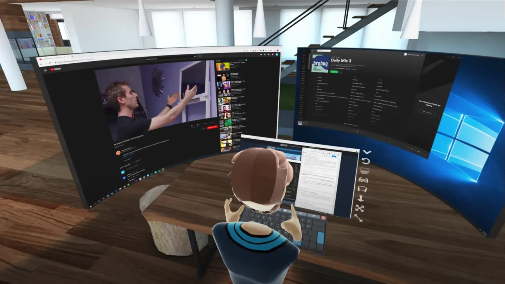 Bigscreen VR cinema environment showing a virtual movie theater with a large screen displaying video content