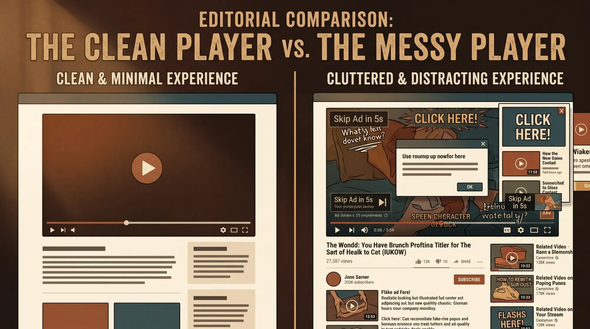 Split screen comparing a clean minimal video player versus a cluttered player covered in ads and pop-ups