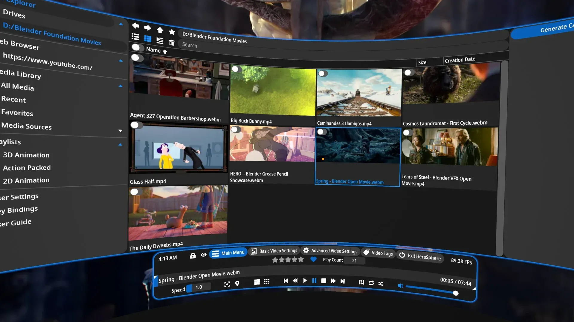 HereSphere VR video player interface showing advanced projection and depth calibration settings in SteamVR