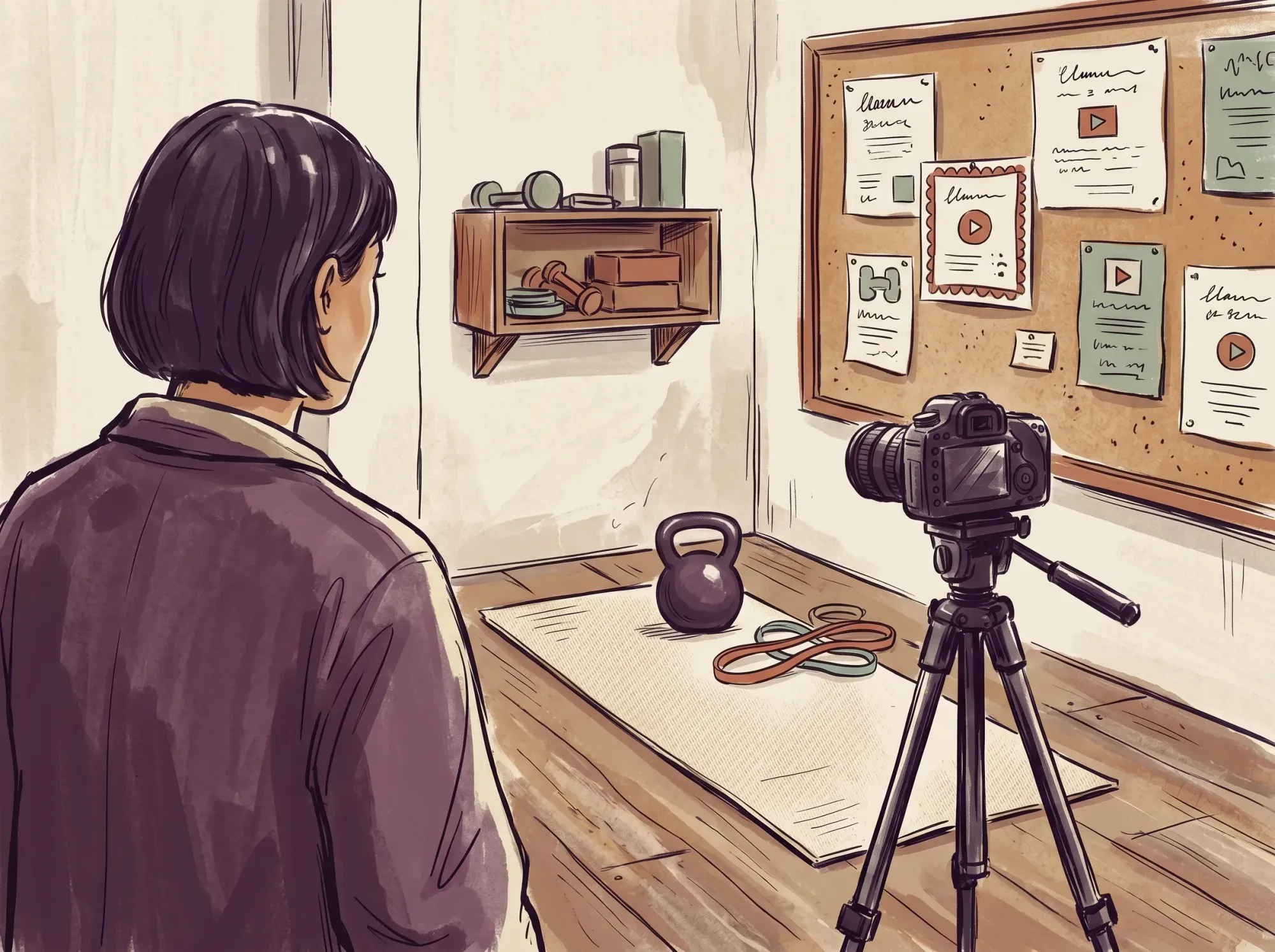 An editorial illustration of a fitness coaching production setup: a yoga mat with kettlebell and resistance bands on a wooden studio floor, a tripod-mounted camera positioned to capture the space, and a corkboard of play-button-tagged content notes — illustrating the workflow behind a recurring fitness video membership.