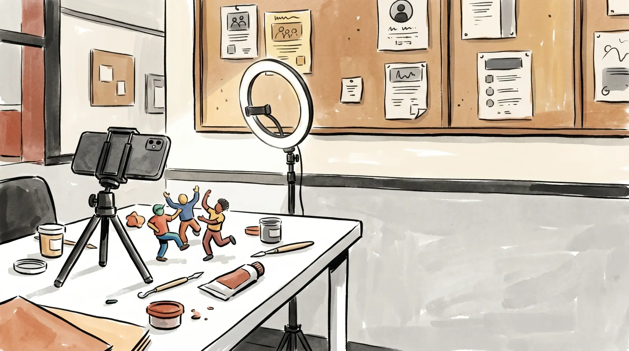 Stop motion workspace with an iPad, lights, and a tabletop product setup