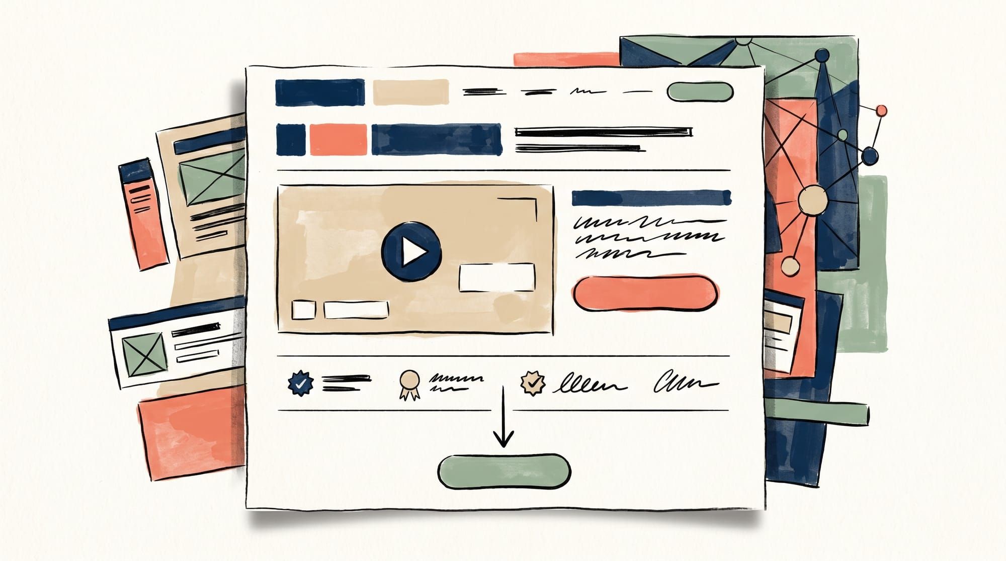 Diagram of a video landing page anatomy showing headline, hero video, adjacent CTA, social proof, and a single closing action