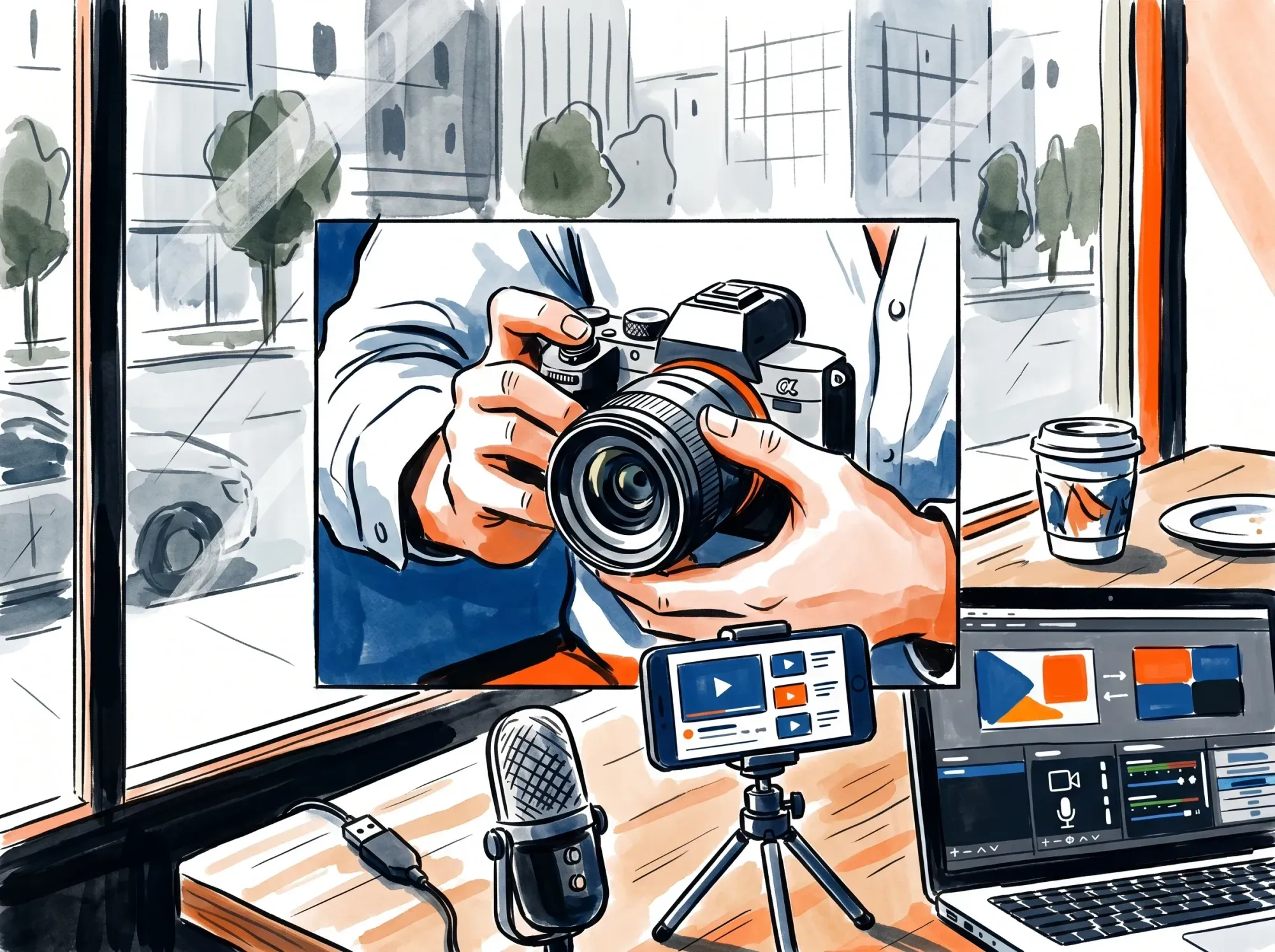 Camera and microphone mounted on a tripod for video recording
