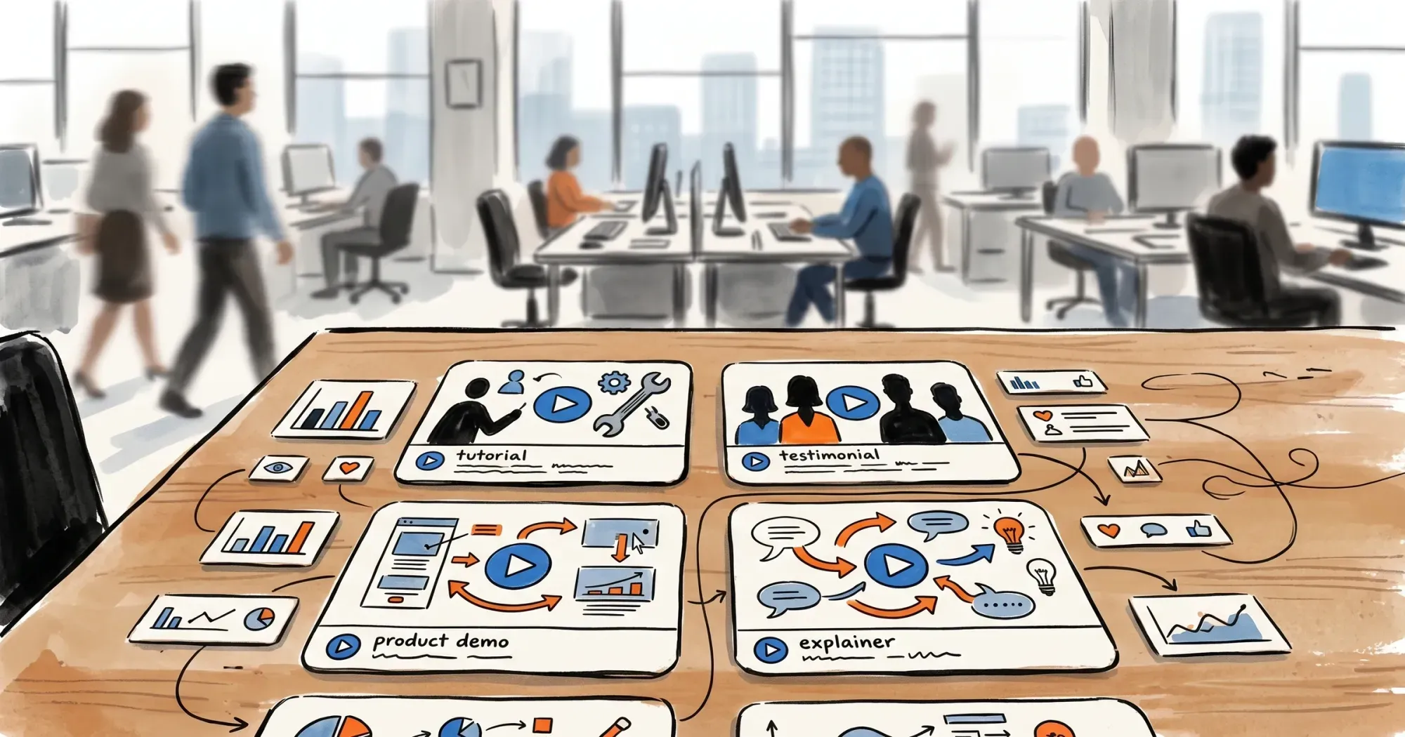 Video format cards laid out on a table showing tutorial, testimonial, product demo, and explainer types