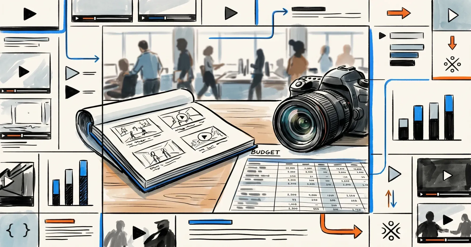 Production planning workspace with storyboard sketchpad, camera lens, and budget spreadsheet