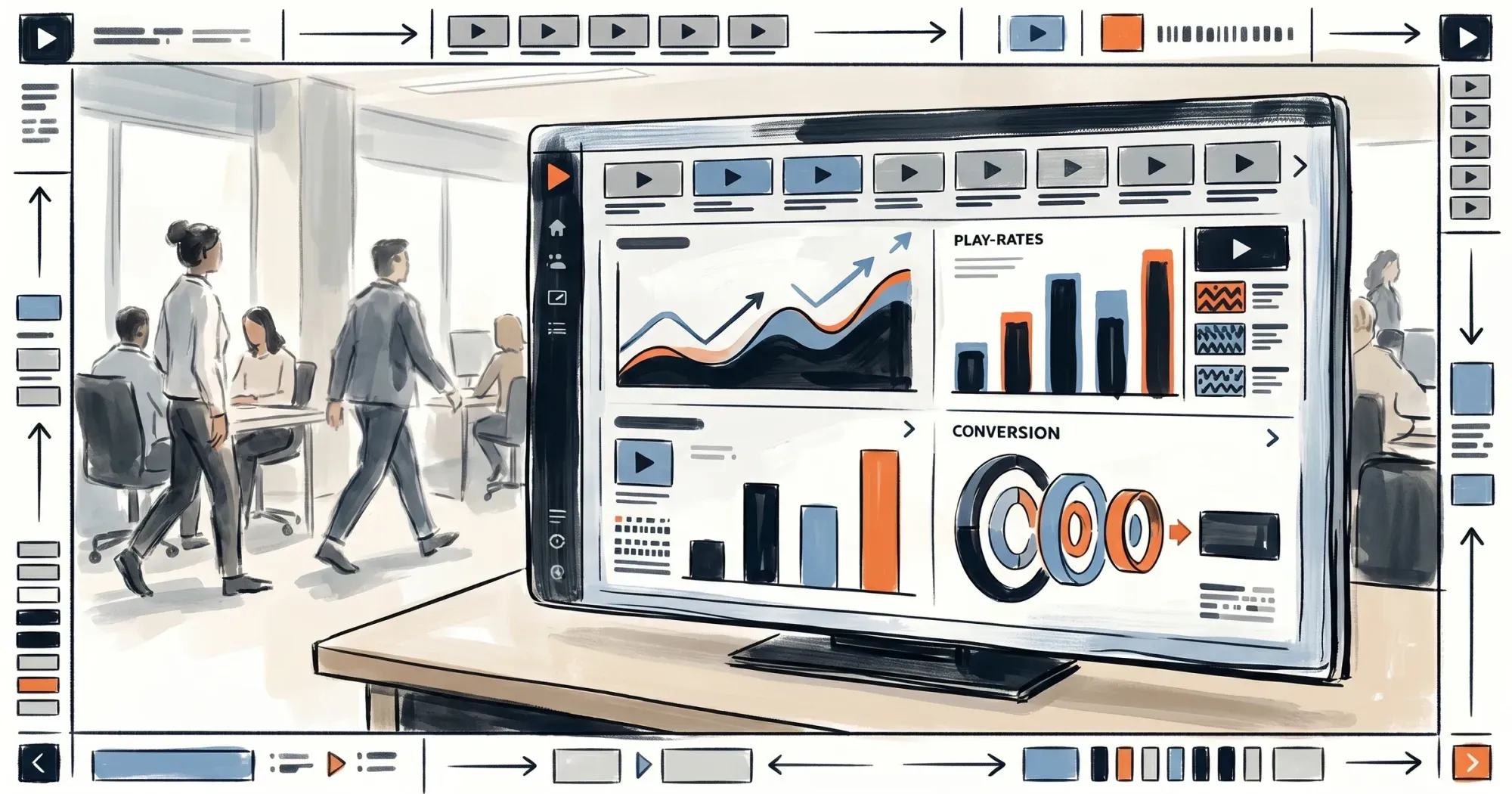 Analytics dashboard showing video engagement curves, play-rate bars, and conversion funnels