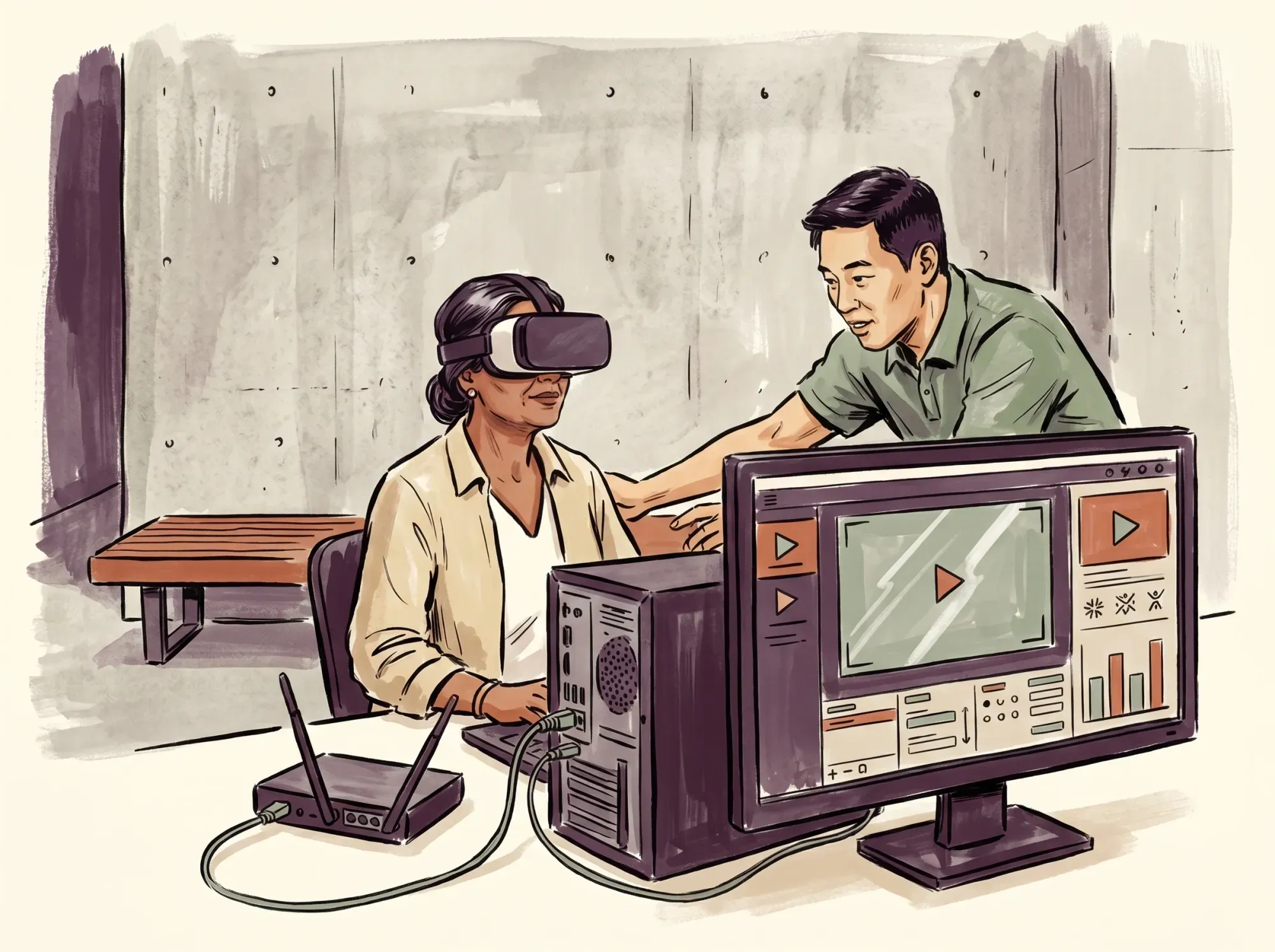 Person wearing a VR headset while playing a game in front of a monitor