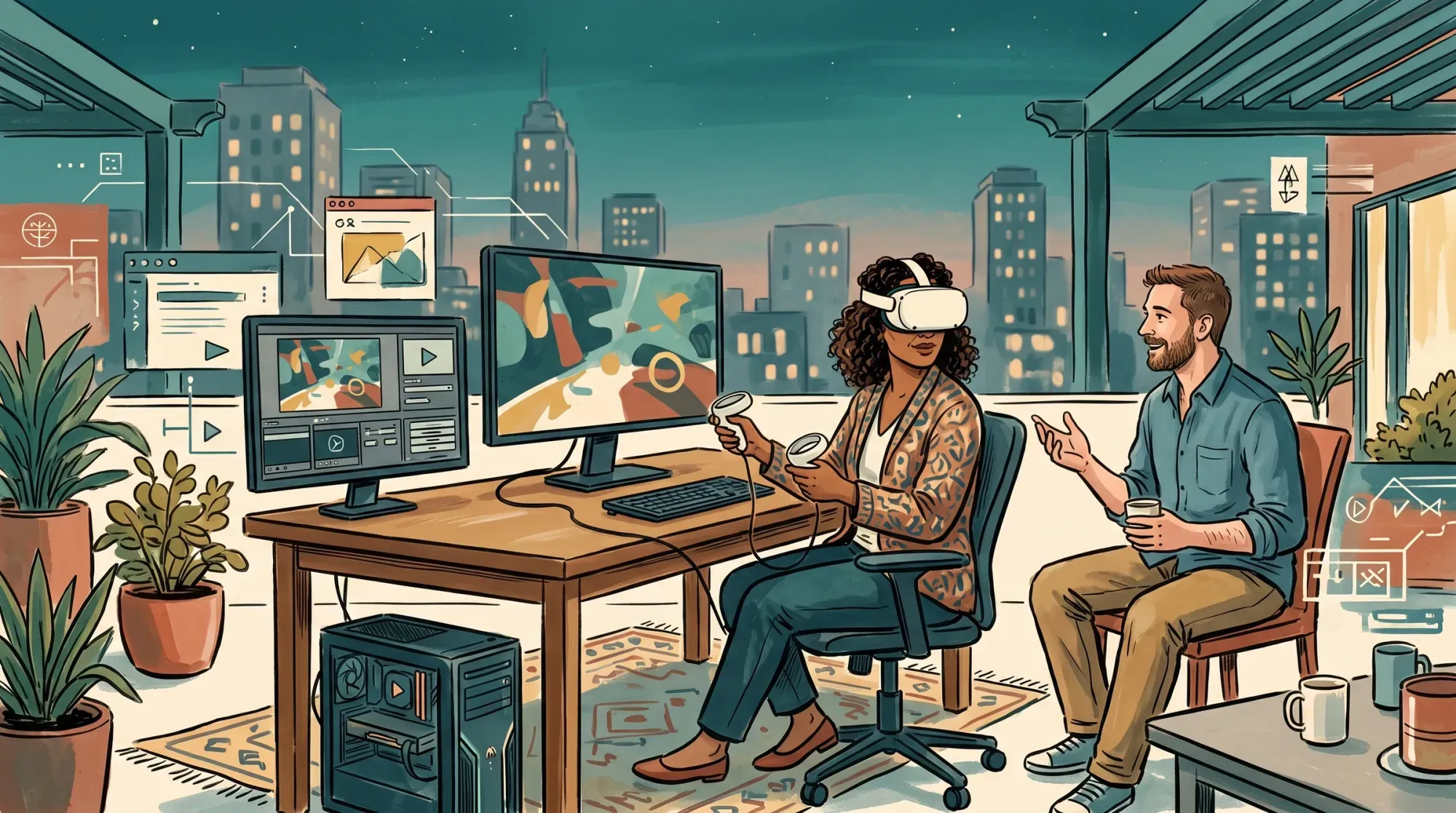 VR headset resting on a desk beside a controller and laptop