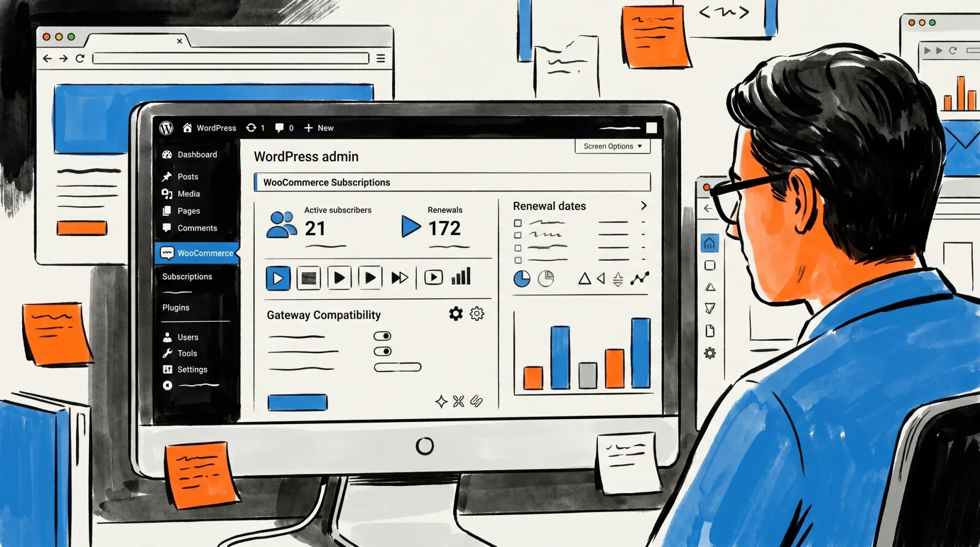 Analytics dashboard showing subscription metrics and user activity on a laptop