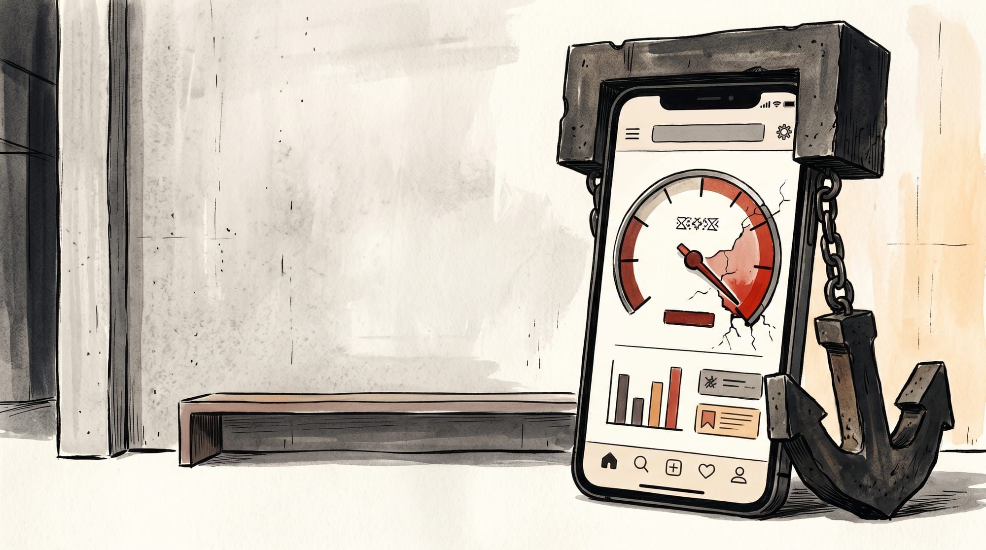 A smartphone showing a crumbling speedometer dragged down by an anchor, illustrating how heavy embeds tank Core Web Vitals