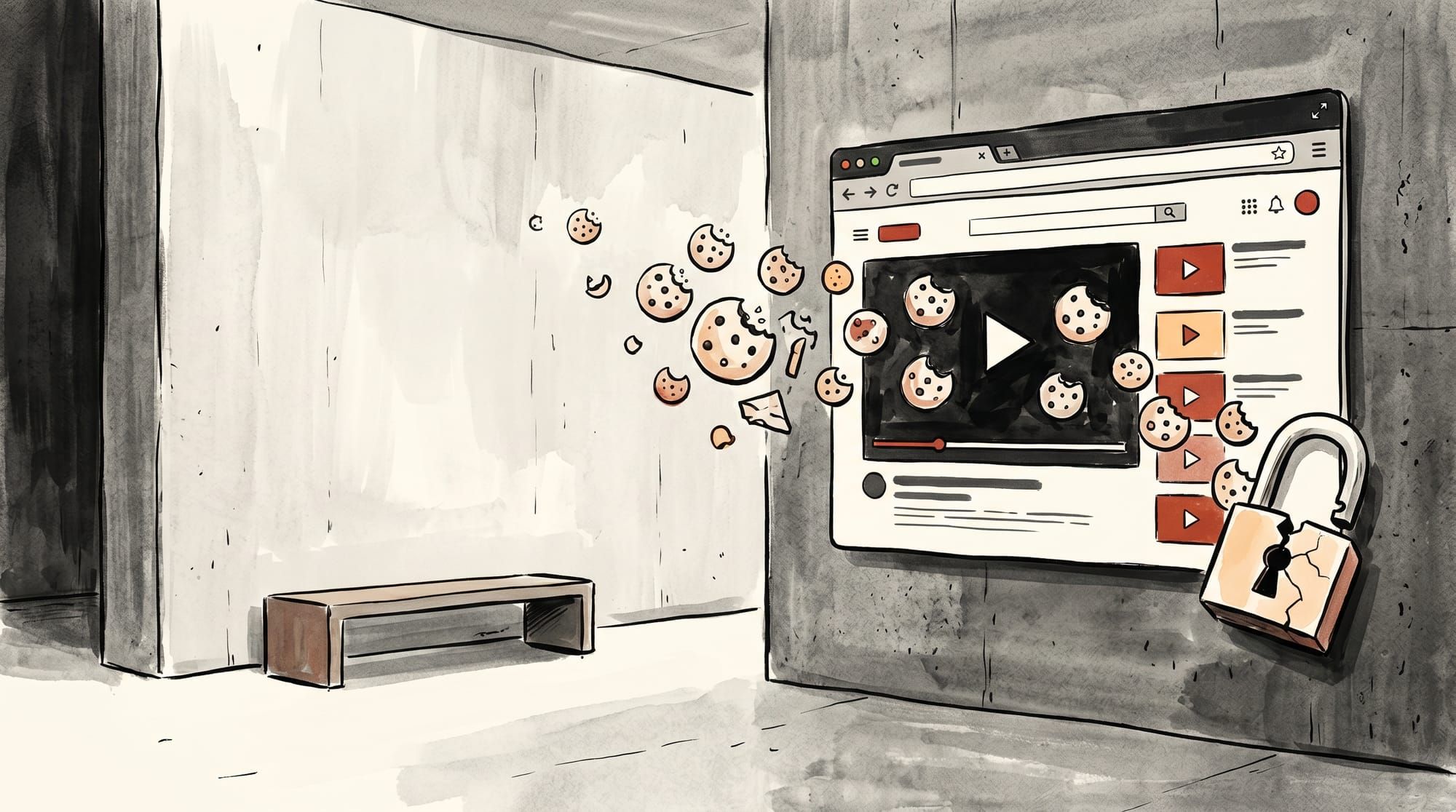 Tracking cookies floating out of a video player embed toward a cracked padlock, illustrating privacy risks of third-party embeds