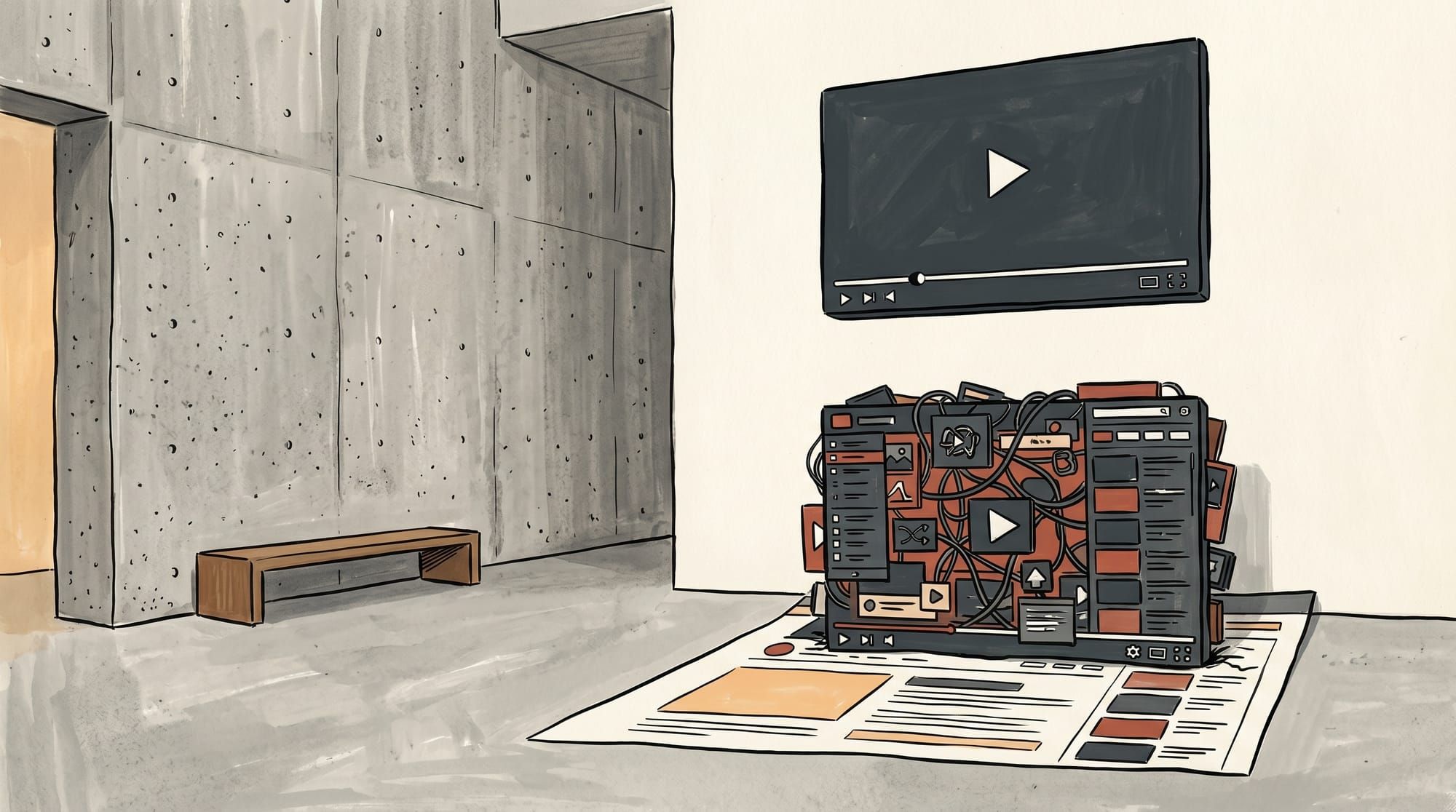 A bloated tangled video player sinking into a webpage while a clean minimal player floats above, showing the difference between heavy and lightweight embeds