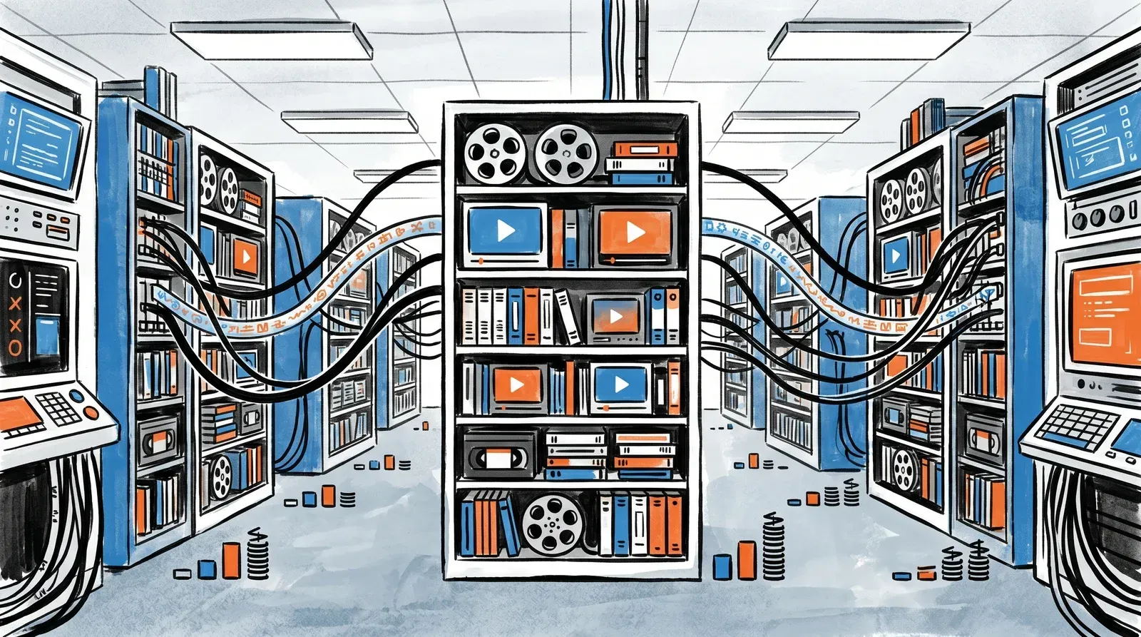 Editorial illustration of a video library shelf duplicated across labeled data center racks, showing how storage cost multiplies with each geo-replication region added