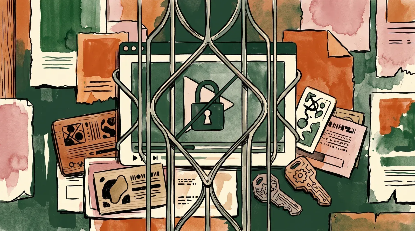 Editorial illustration of a video player behind a security gate with domain cards, token keys, and a locked playback window