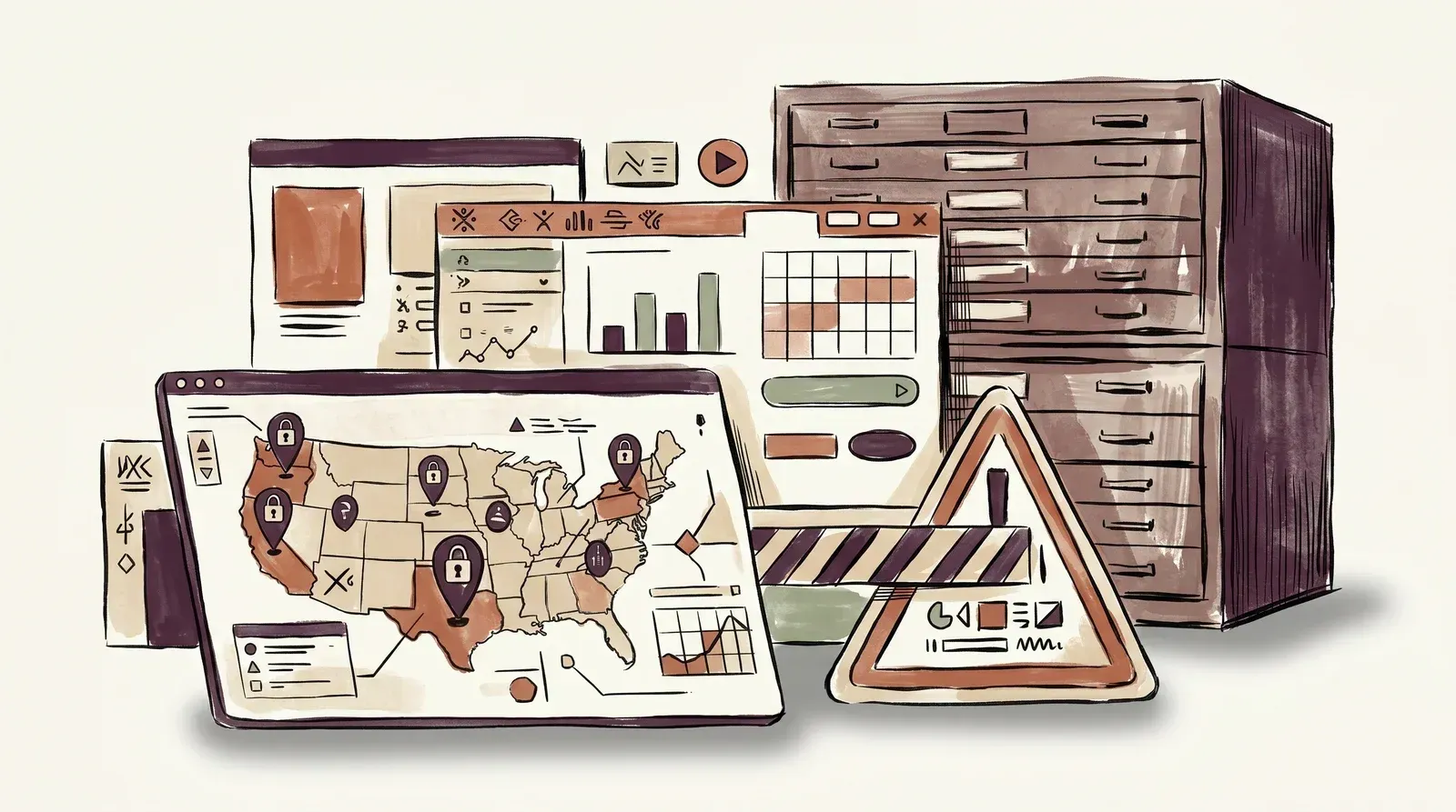 Editorial illustration of a world map with locked region pins and a warning sign beside a large video archive cabinet, illustrating the permanence of Bunny Stream geo-replication zones