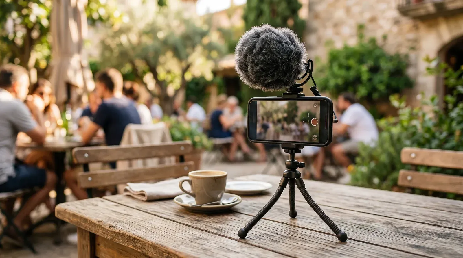 Shotgun microphone attached to a smartphone on an outdoor table