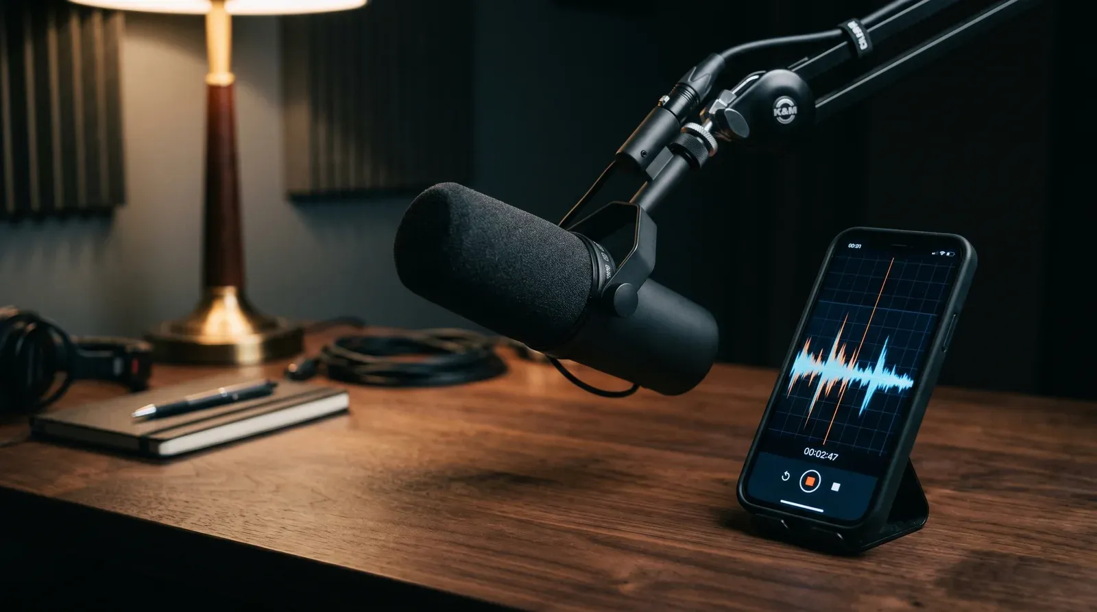 Professional desk setup for voiceovers with a desktop microphone next to a smartphone