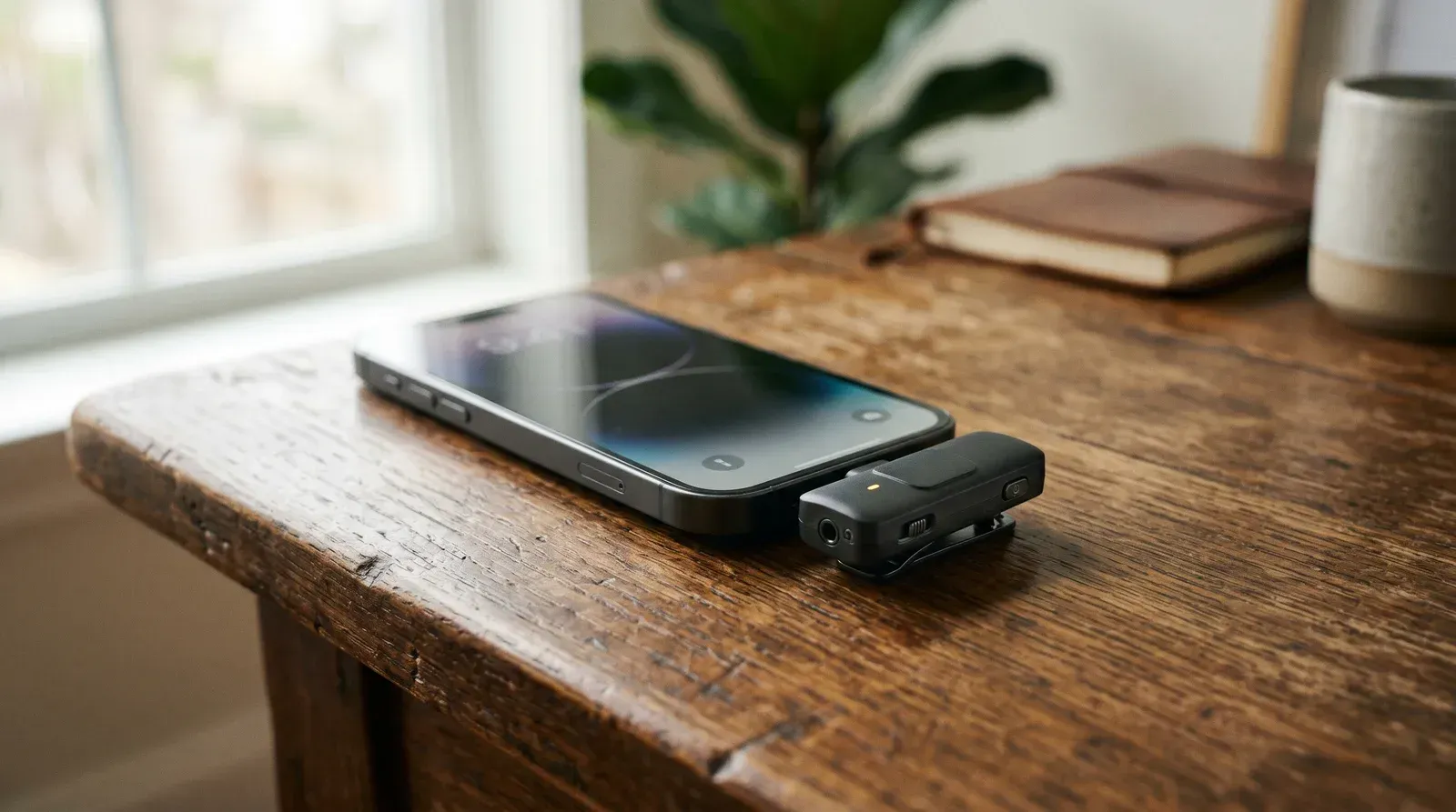 Compact wireless lavalier microphone receiver clipped to the bottom port of a smartphone on a wooden desk