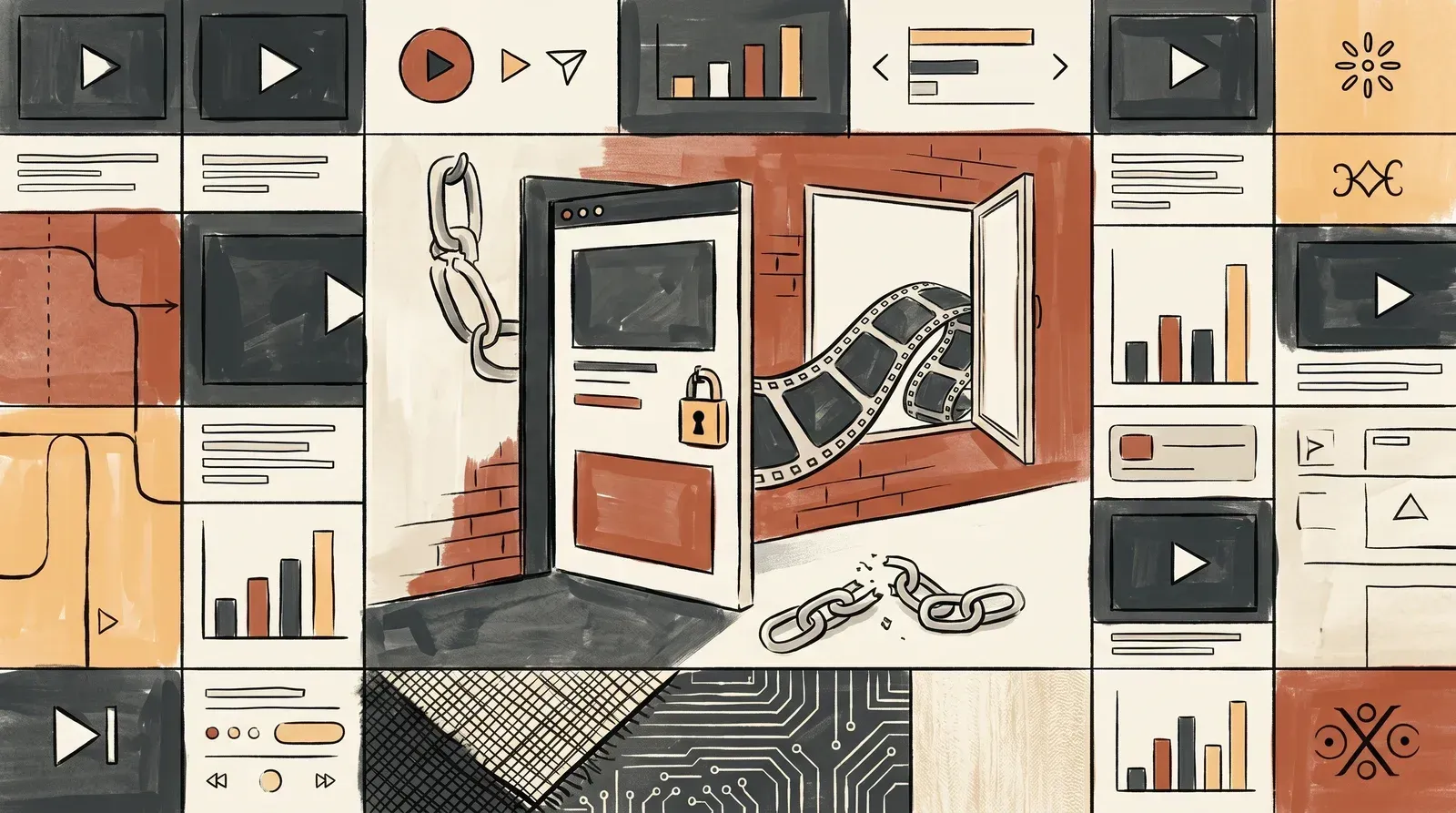Illustration of a locked webpage door while a video film reel escapes through an open side window