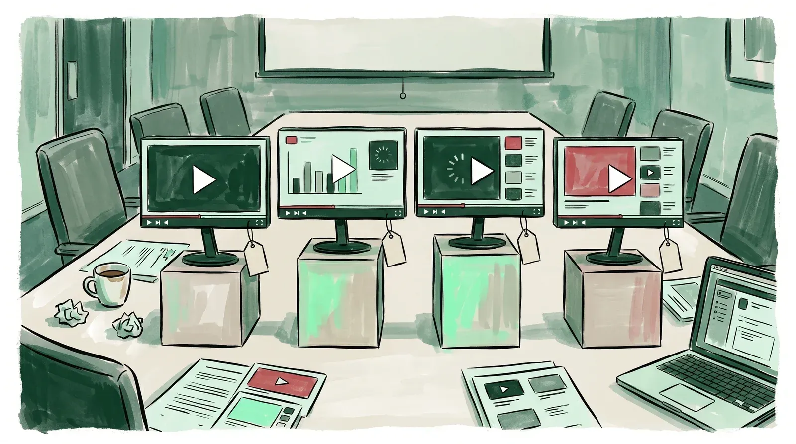 Illustration of four video player screens on pedestals with price tags, compared like showroom products