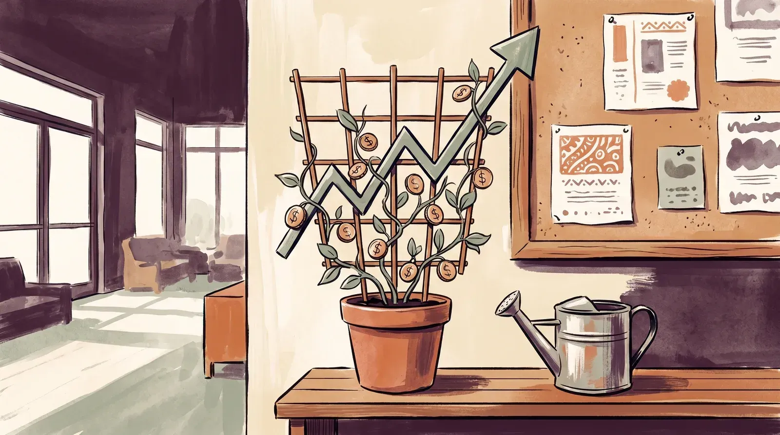Illustration of a potted plant growing coins along a trellis shaped like a rising chart