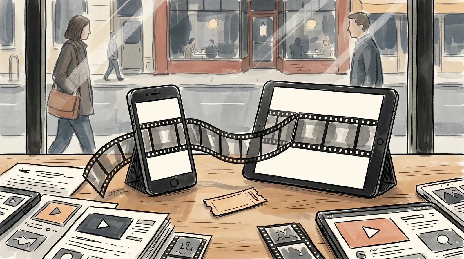 Illustration of a smartphone and tablet sharing one film strip threaded between their screens