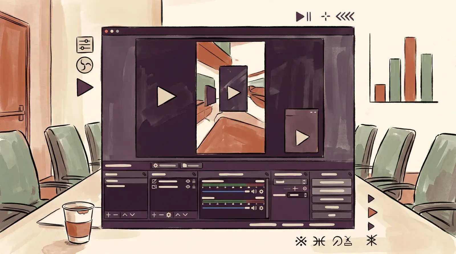 A broadcasting interface with scene panels and a vertical short-form frame capturing a VR gameplay mirror window