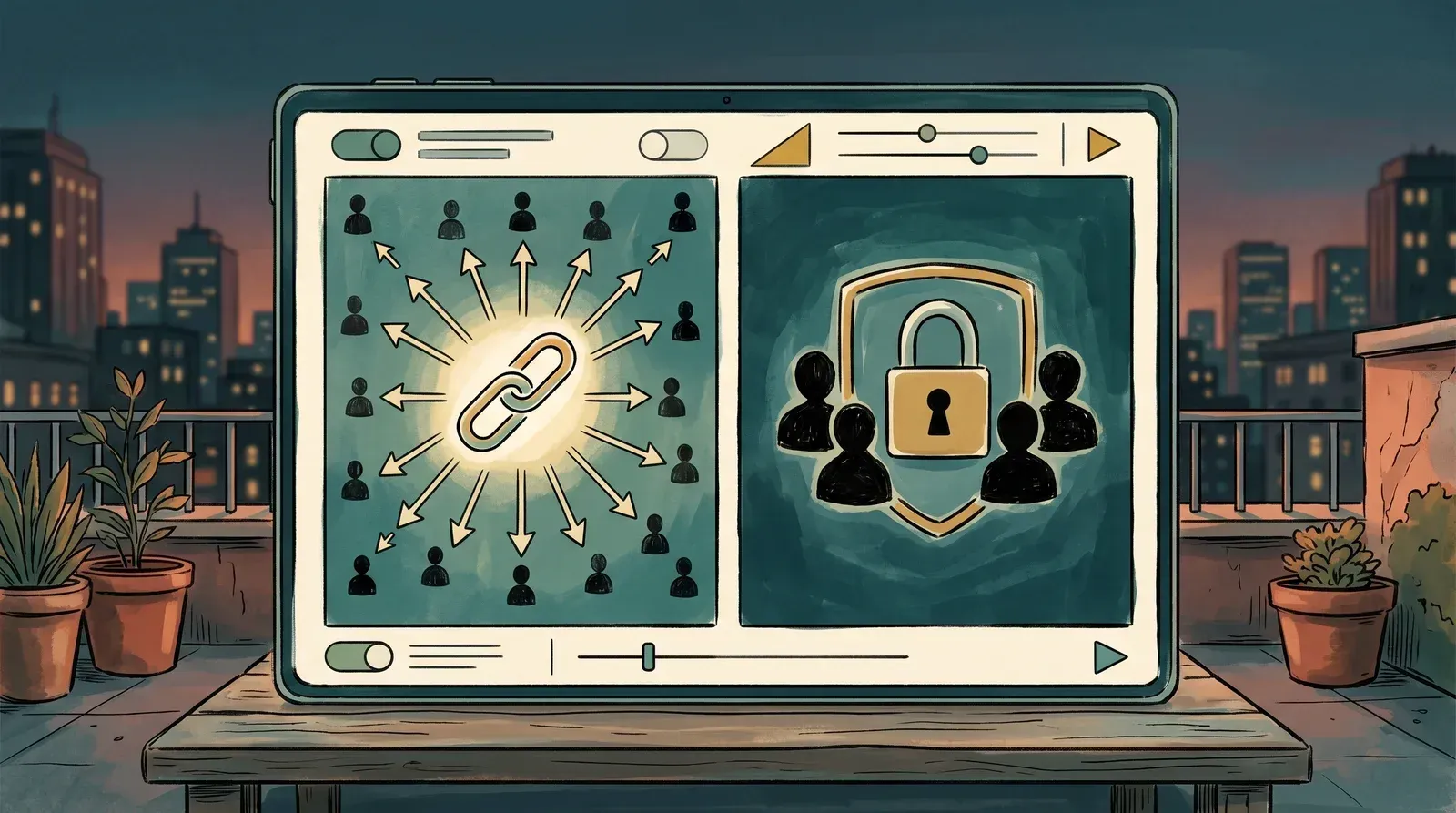 Two-panel illustration contrasting link-based access (arrows radiating to many viewers) with account-based access (padlock surrounding a small cluster of accounts)