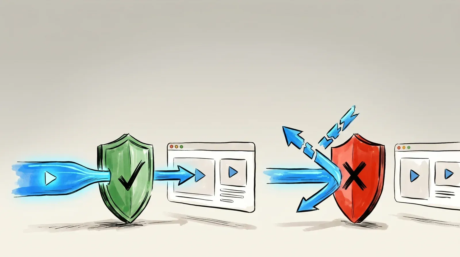 A green checkmark shield passing an approved video stream to a browser, and a red X shield blocking a leaked copy