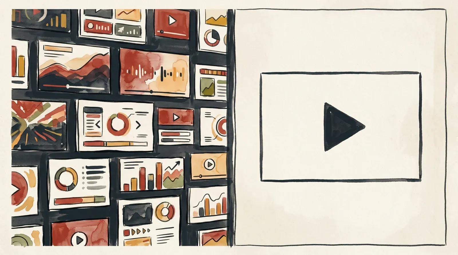 Split frame showing a scrollable multi-card video feed on the left and a single clean video player on a webpage on the right, representing the discovery vs embed decision