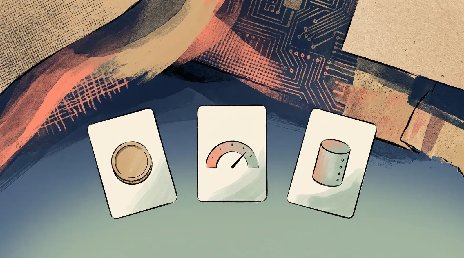 Three icon cards side by side representing three video hosting billing models: a coin for free with trade-offs, a gauge for bandwidth metering, and a storage cylinder with view-count indicators