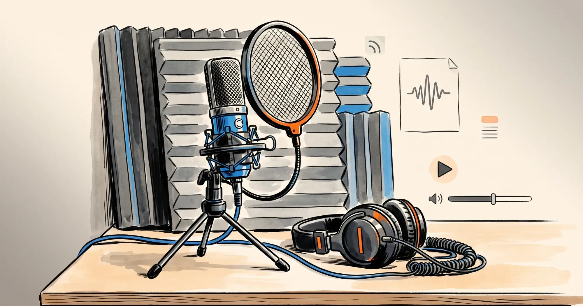 A modest home voiceover setup: USB condenser microphone with pop filter, closed-back headphones, and acoustic foam panels on a desk