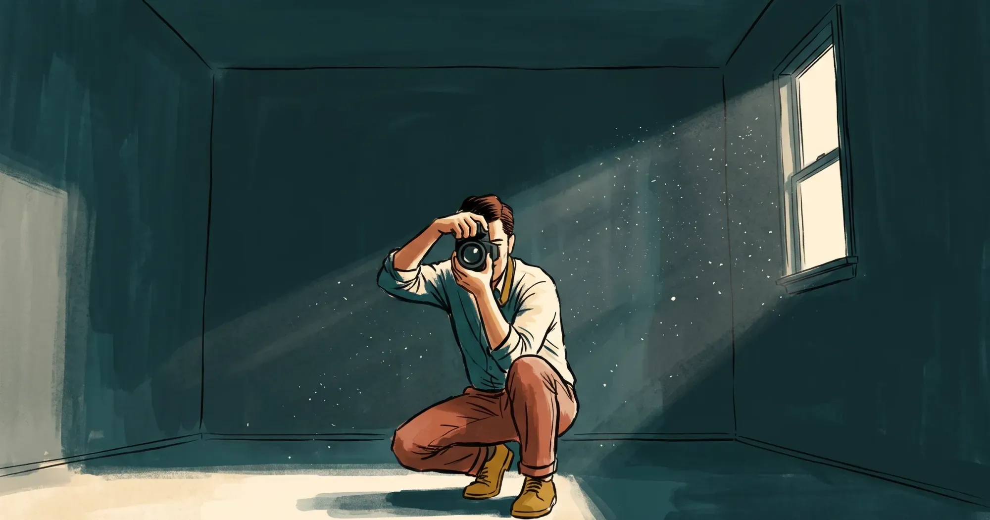 Photographer crouched in a dim empty room, camera raised to their eye, catching a shaft of window light full of floating dust