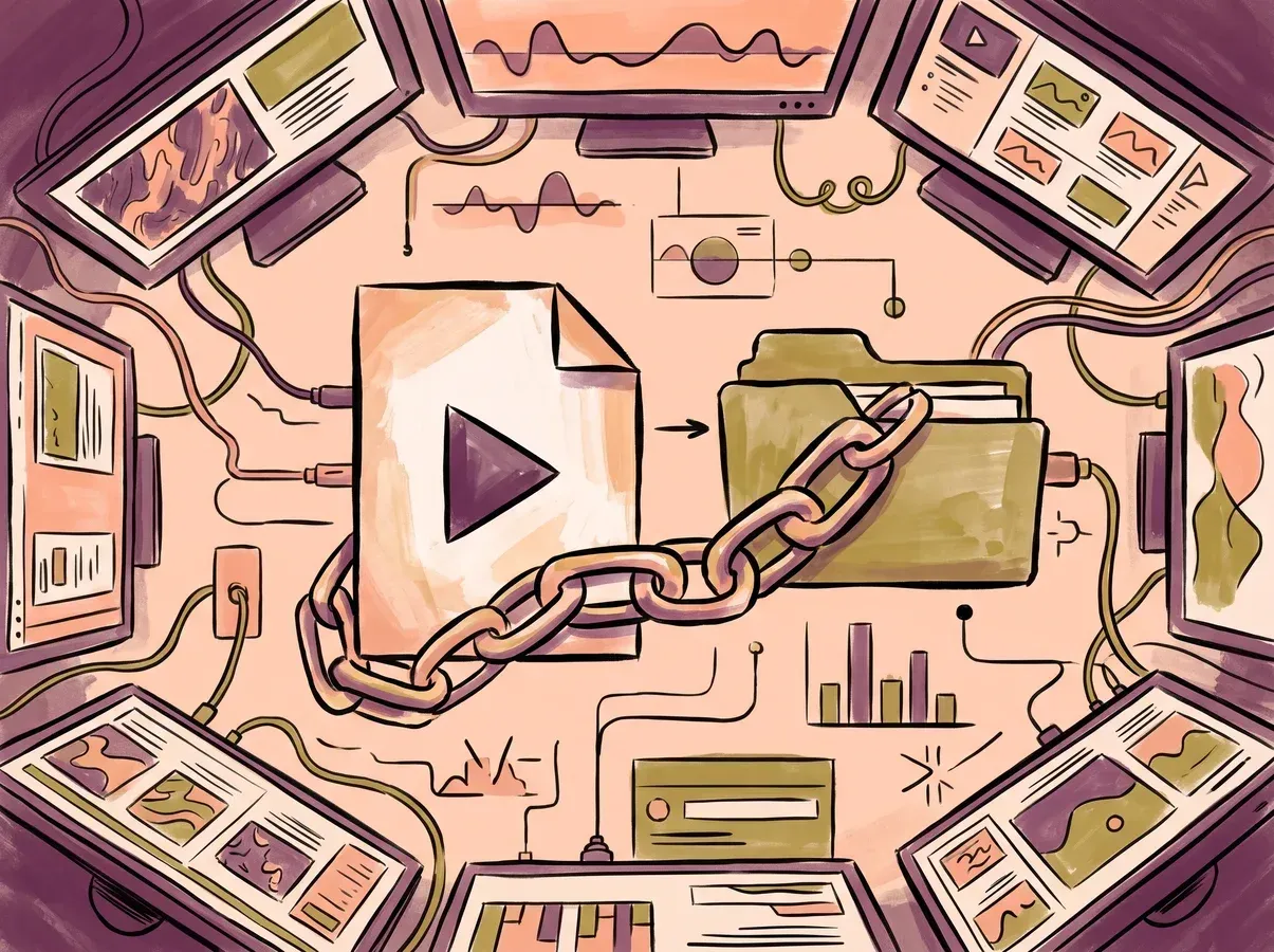 Illustration of a large video file linked to a cloud storage folder by a chain, representing a shared download link.