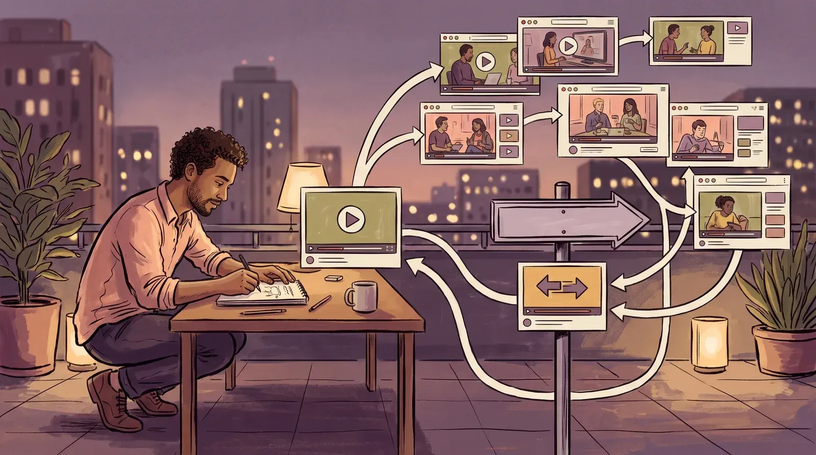 Illustration of a large video file forking into two paths: a locked download package for a single recipient, or a video player for repeat viewers.
