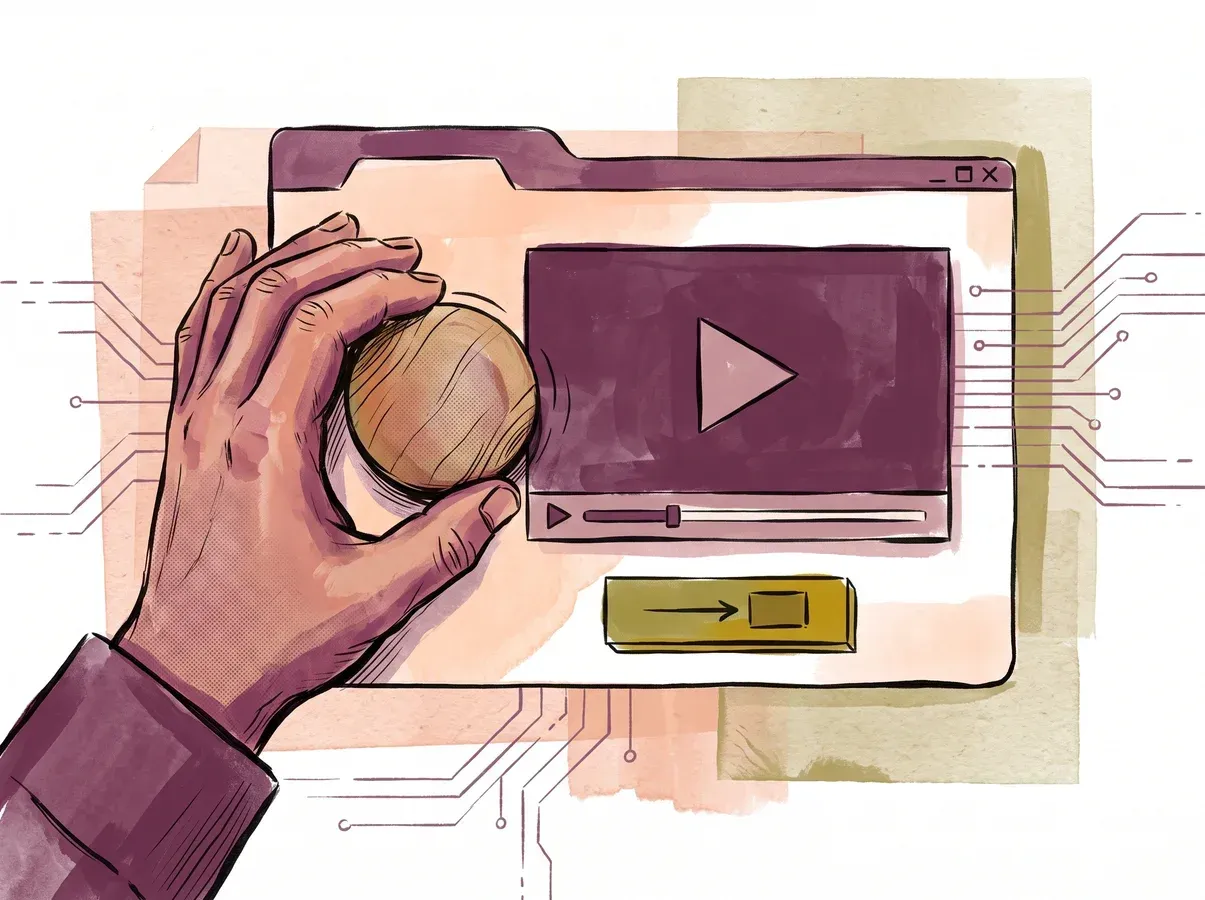 Illustration of a hand adjusting a dial beside an embedded video player inside a browser window, representing on-page playback control.