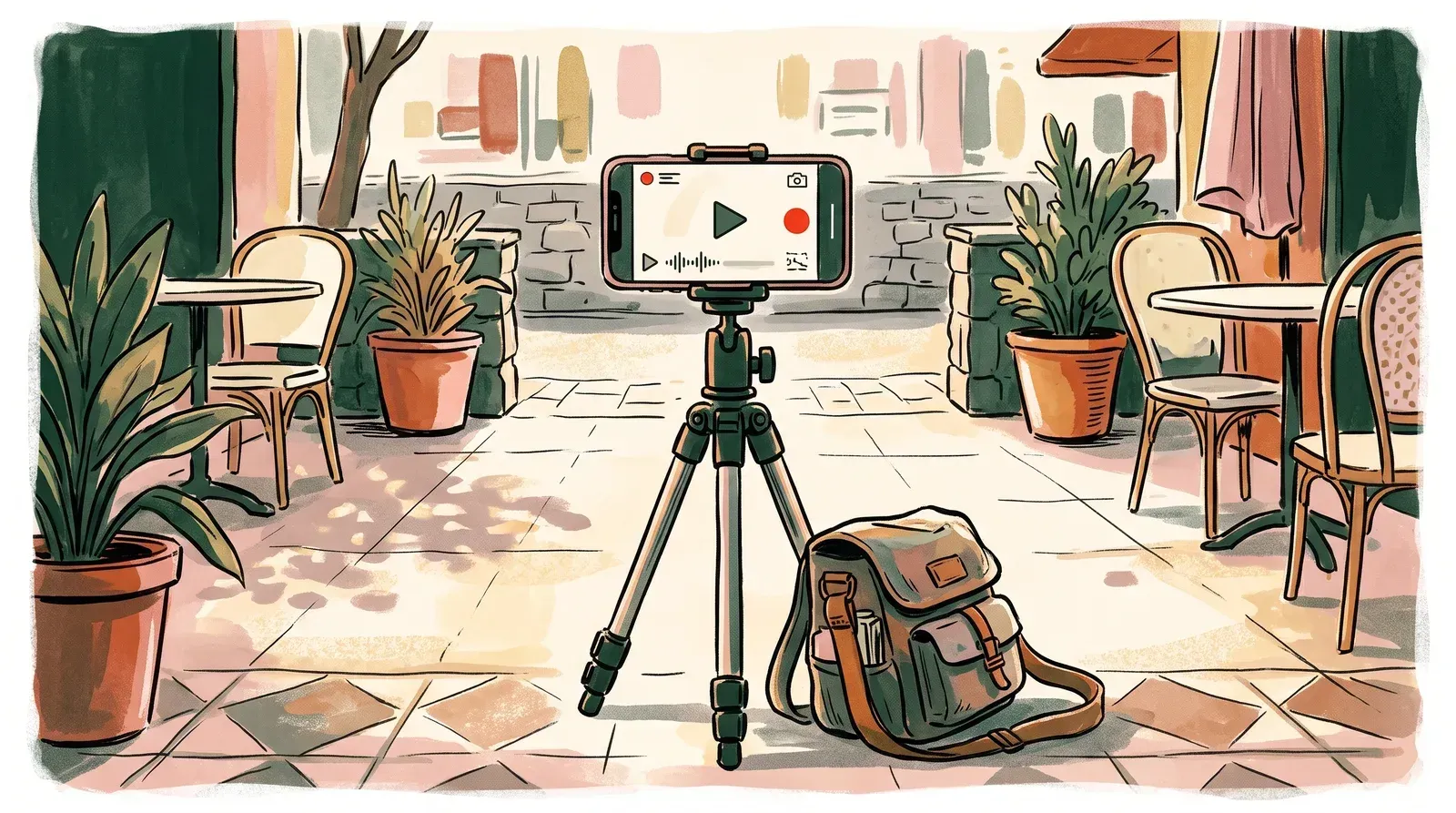Compact travel tripod holding a smartphone on a cafe terrace beside a packed shoulder bag