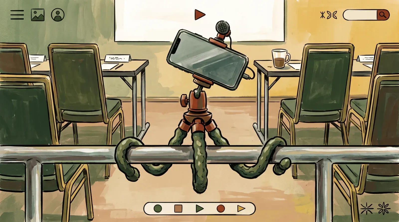 Flexible-leg octopus tripod wrapped around a railing, gripping a smartphone with a microphone attached