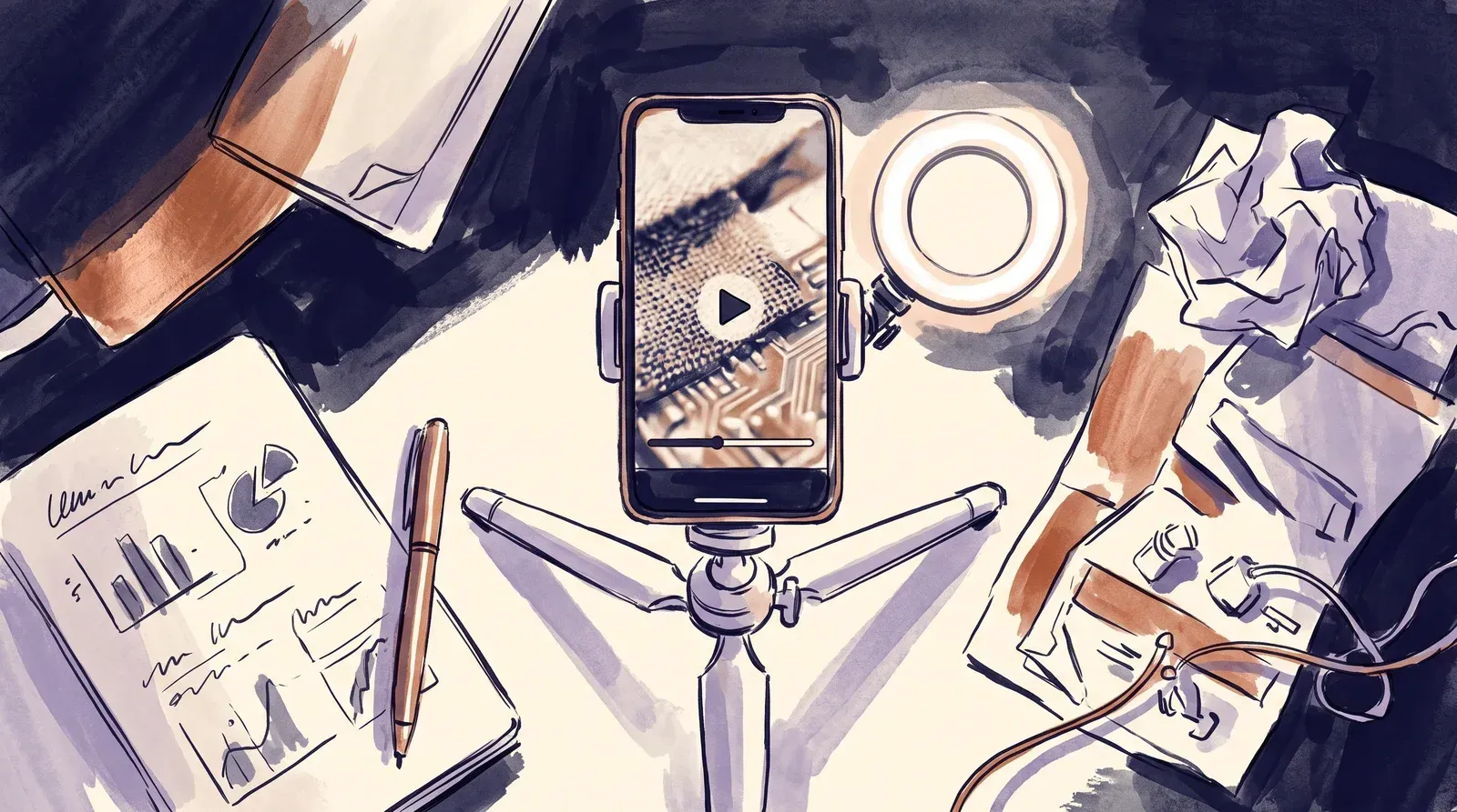 Smartphone mounted vertically on a lightweight tripod beside a ring light for short-form recording
