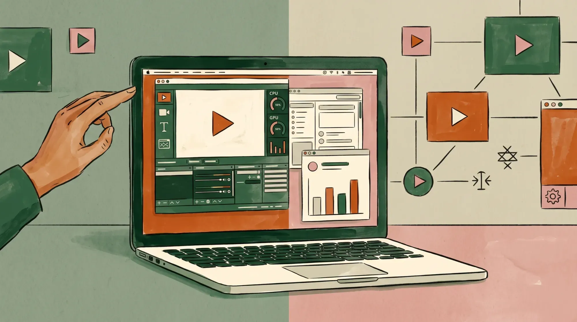 Laptop showing a video editing interface with CPU and GPU usage meters on screen